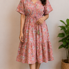 Women Pink Floral Printed Smocked Waist Flared Midi Dress