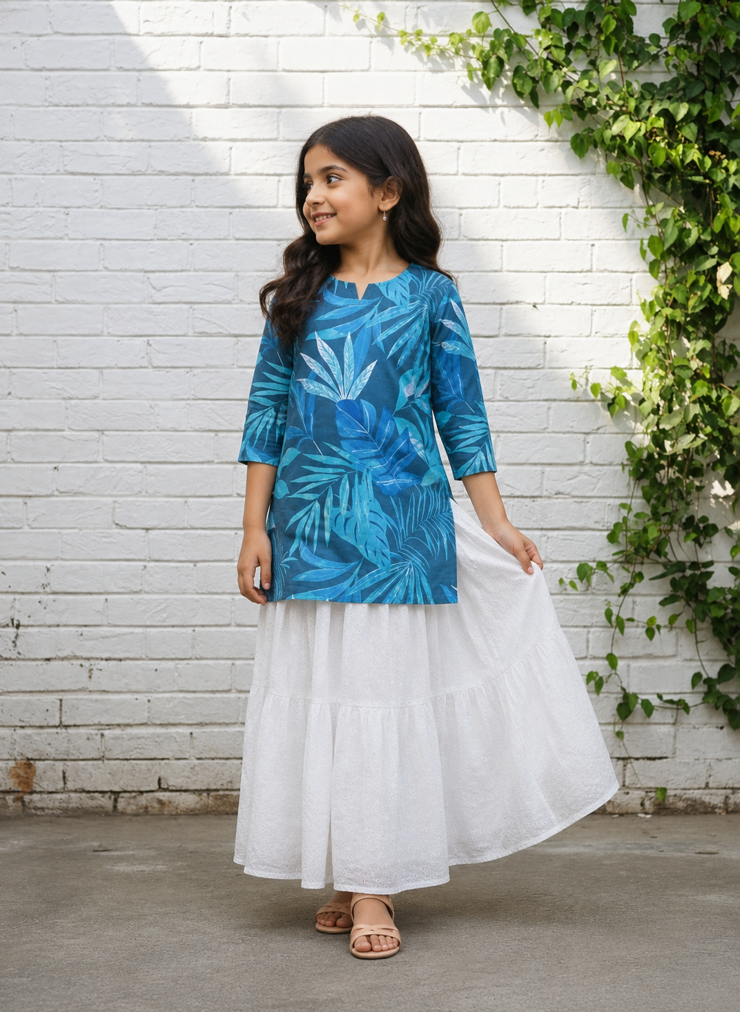 Girl's Blue Tropical Leaf Printed Top with White Eyelet Flared Skirt Set