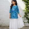 Girl's Blue Tropical Leaf Printed Top with White Eyelet Flared Skirt Set