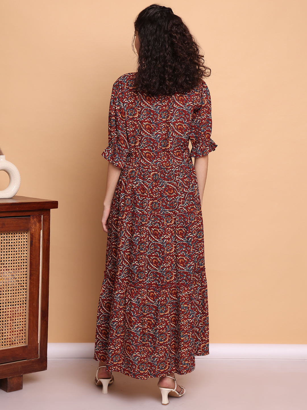Aawari Women’s Rayon Maroon Paisley Printed Maxi Dresses with 3/4 Ruffle Sleeves