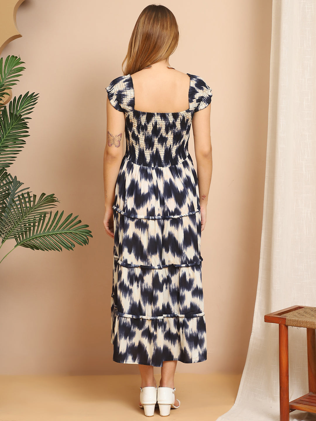 Aawari Black & White Ikat Print Rayon Smocked Midi Dress