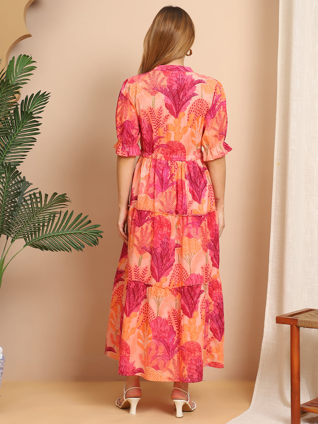 Aawari Peach  & Pink Tropical Print Cotton Maxi Dress - Dresses / Western Wear / Maxi Dresses