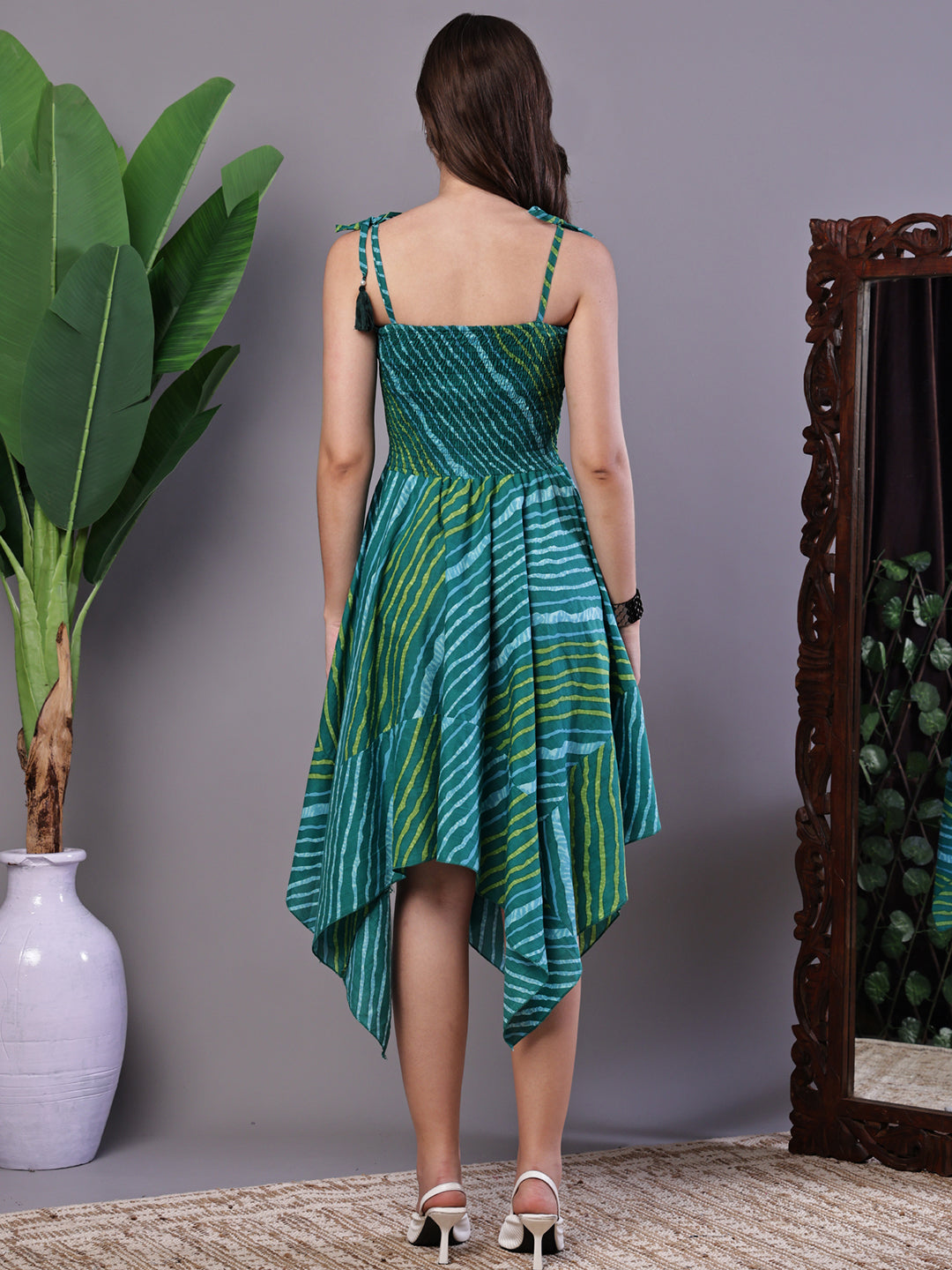 Aawari Leheriya  Asymmetrical Hem Smocked A-Line Dress - Midi Dresses / Western Wear