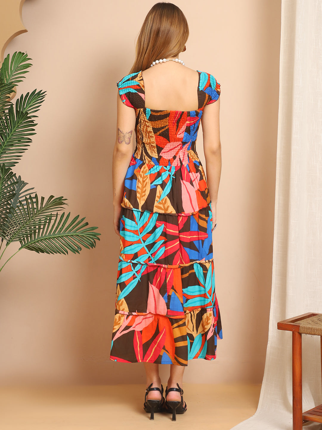 Aawari Tropical Leaf Print Cotton Flared Midi Dresses