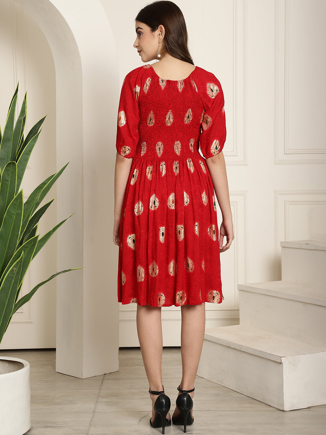 Aawari Red & Golden Patch Printed A-Line Midi Dress With Extended Sleeves