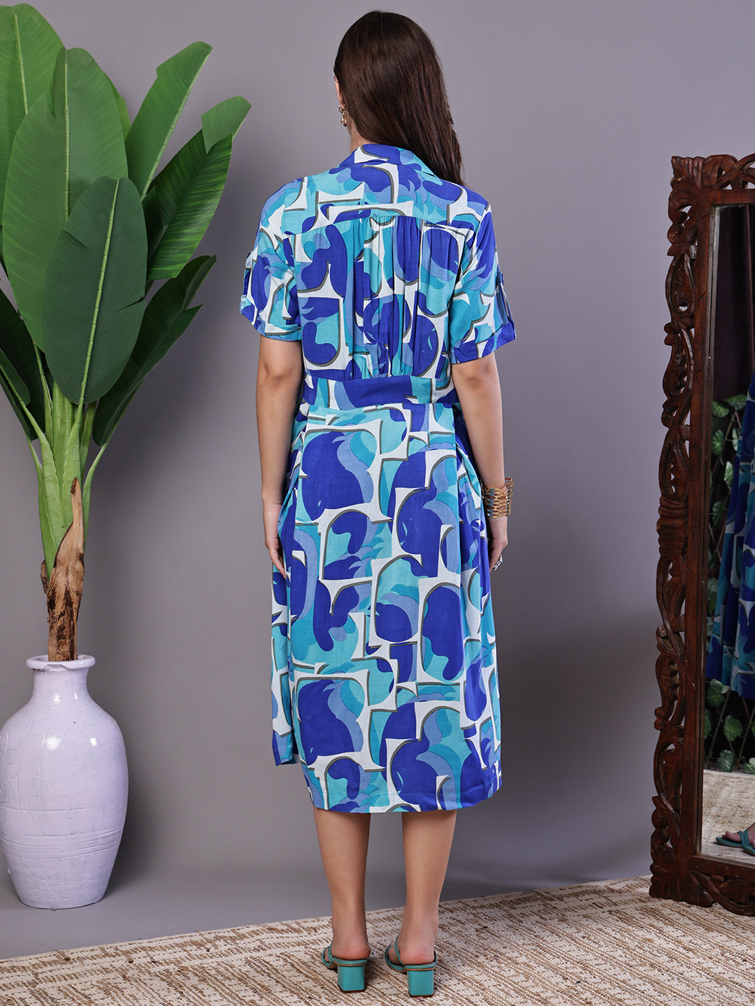 Aawari Blue Abstract Print Cotton Shirt Dress - Midi Dresses / Western Wear / Dresses