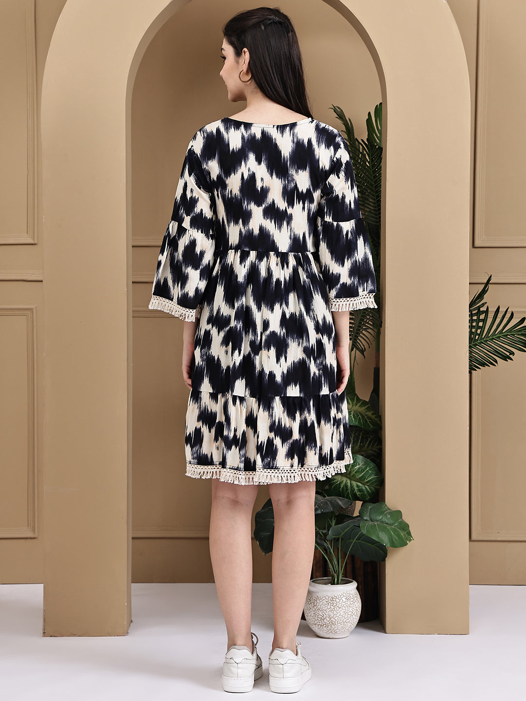 Aawari Cotton Printed  Black & White Short Dress - Midi Dress