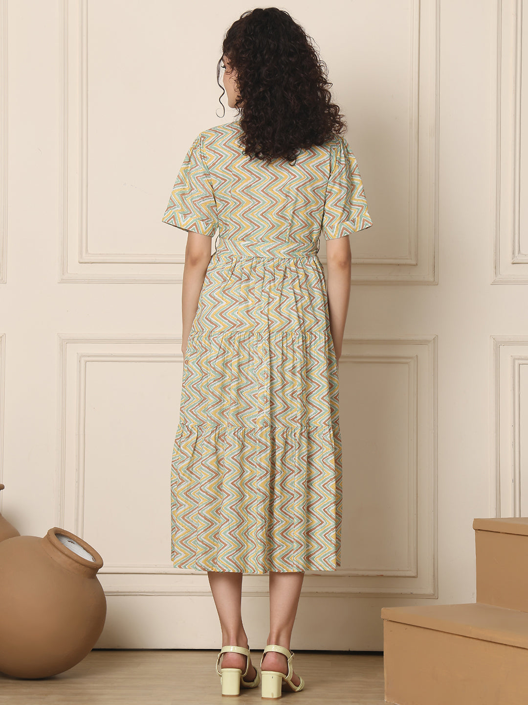 Aawari Pastel ZigZag Print Cotton Shirt Dresses With Waist Tie-Up