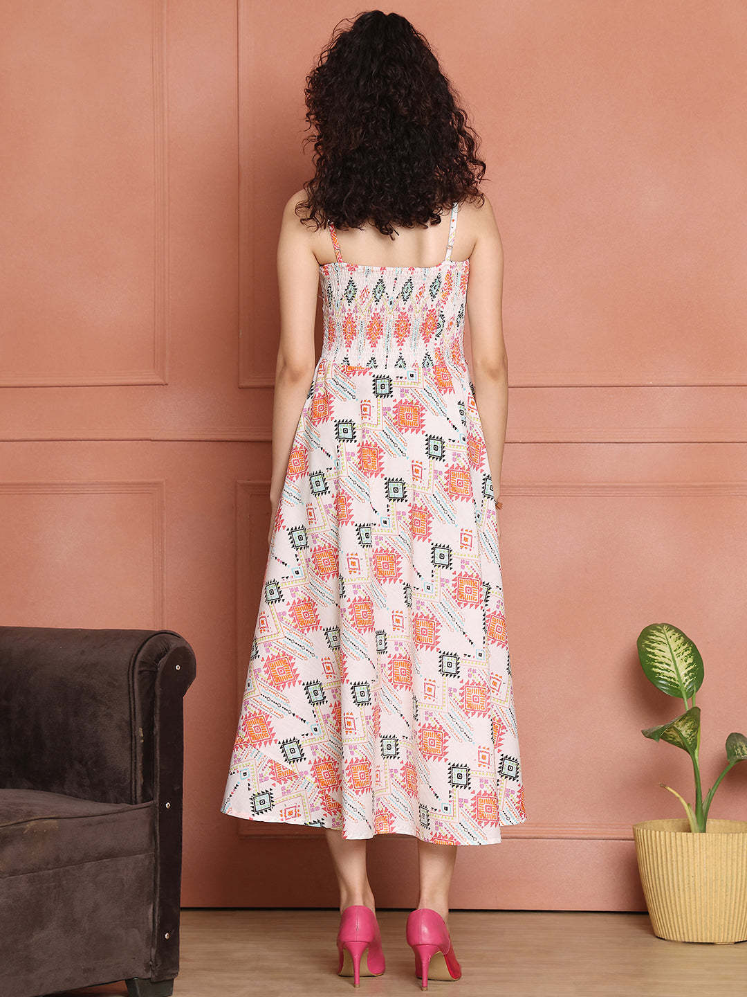 Aawari Cotton Unique Printed Spaghetti Strap Dress - Western wear