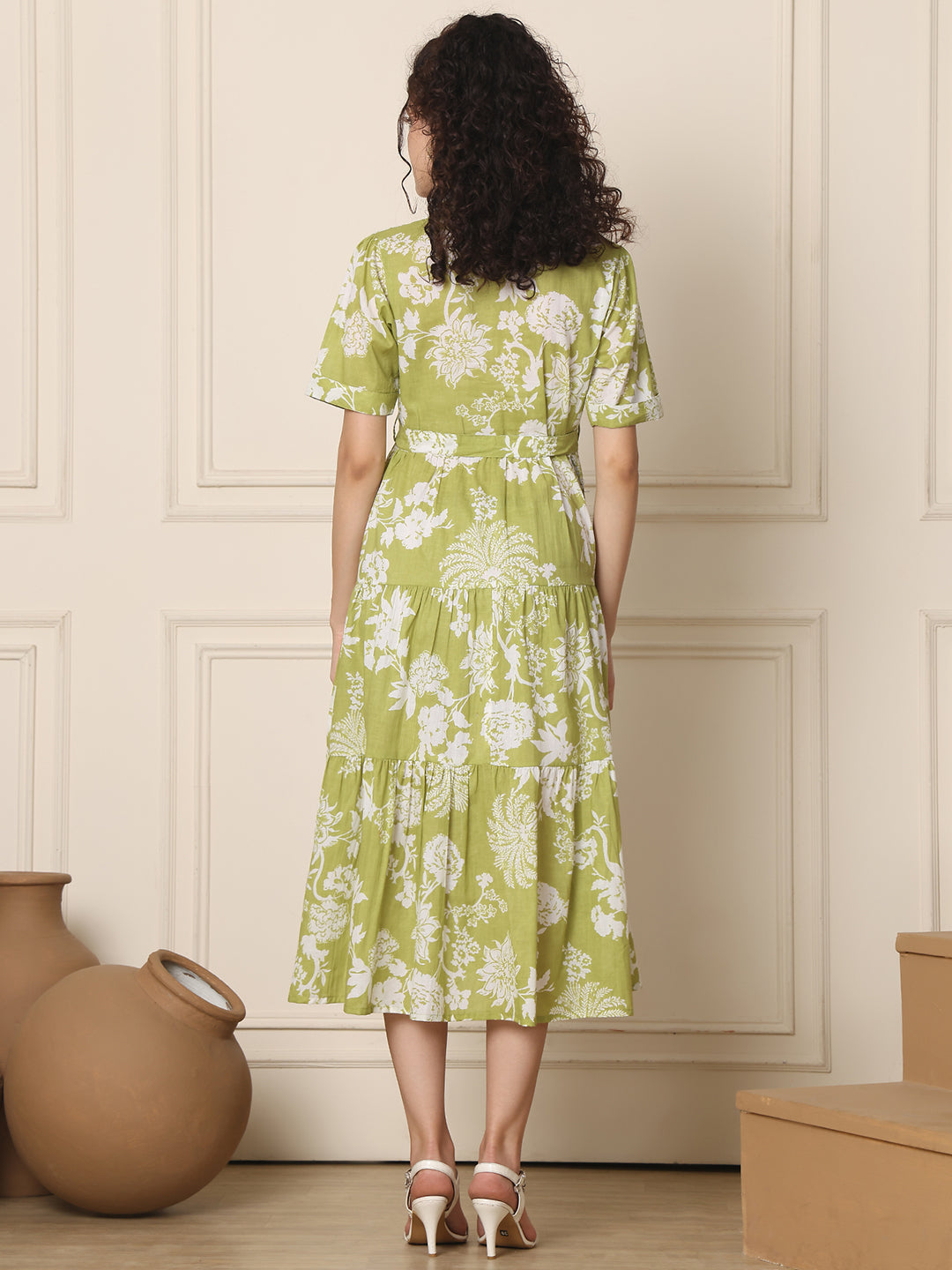 Aawari Olive Green Floral Shirt Dresses With Waist Tie-Up