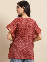 Chanderi Maroon Geometric Printed Kaftan Top With Bell Sleeve 