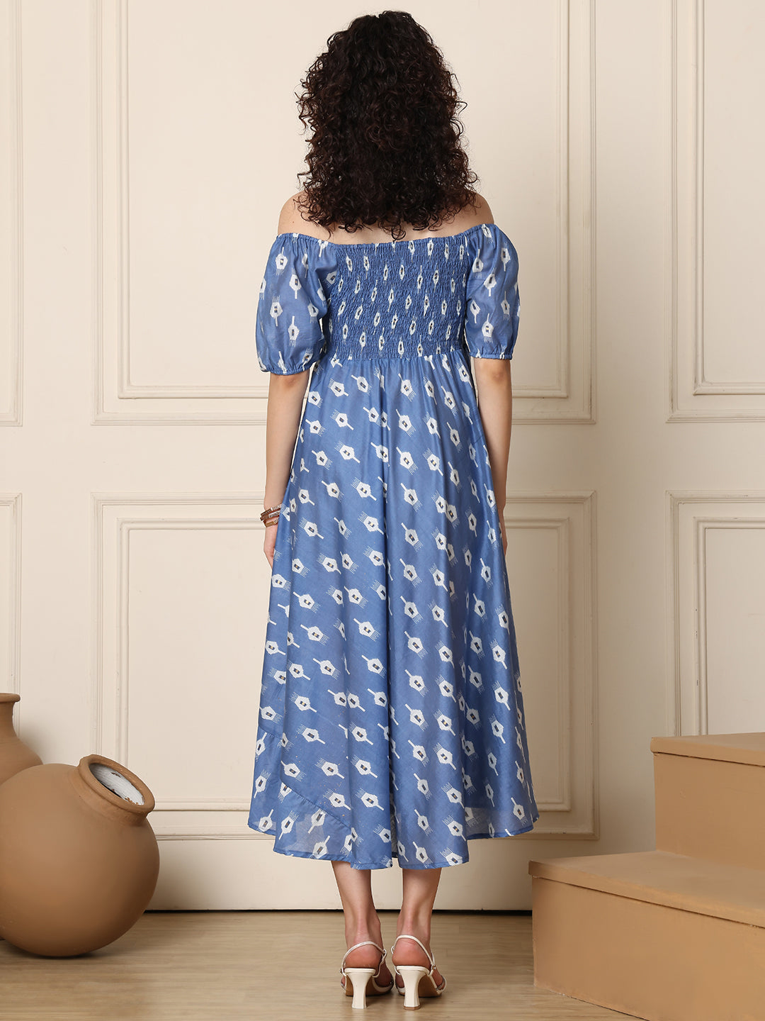 Aawari Chanderi Unique Printed Off Shoulder Dress