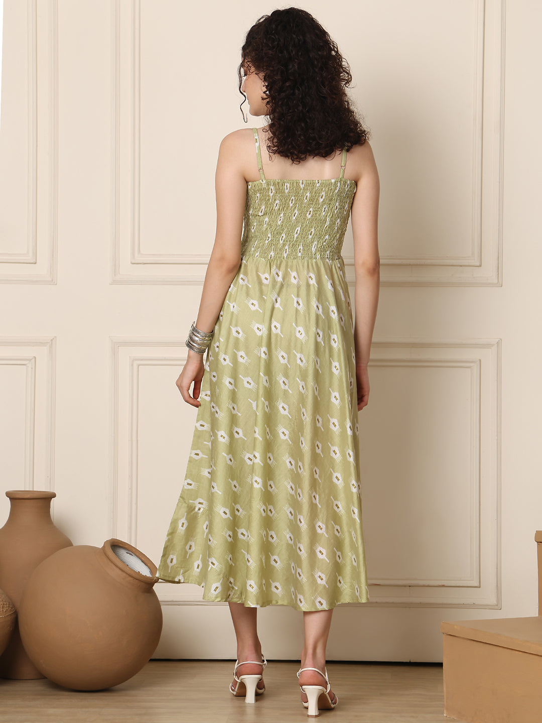 Aawari Silk Unique Printed Spaghetti Strap Dress - Western wear