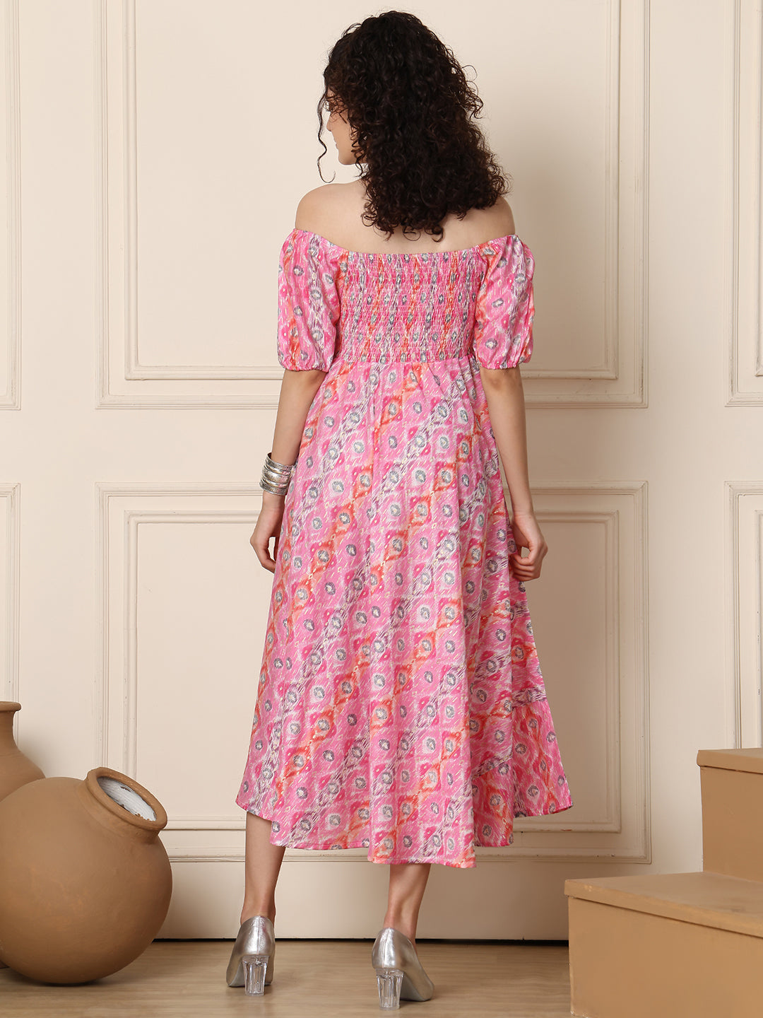 Aawari Chanderi Unique Printed Off Shoulder Dress