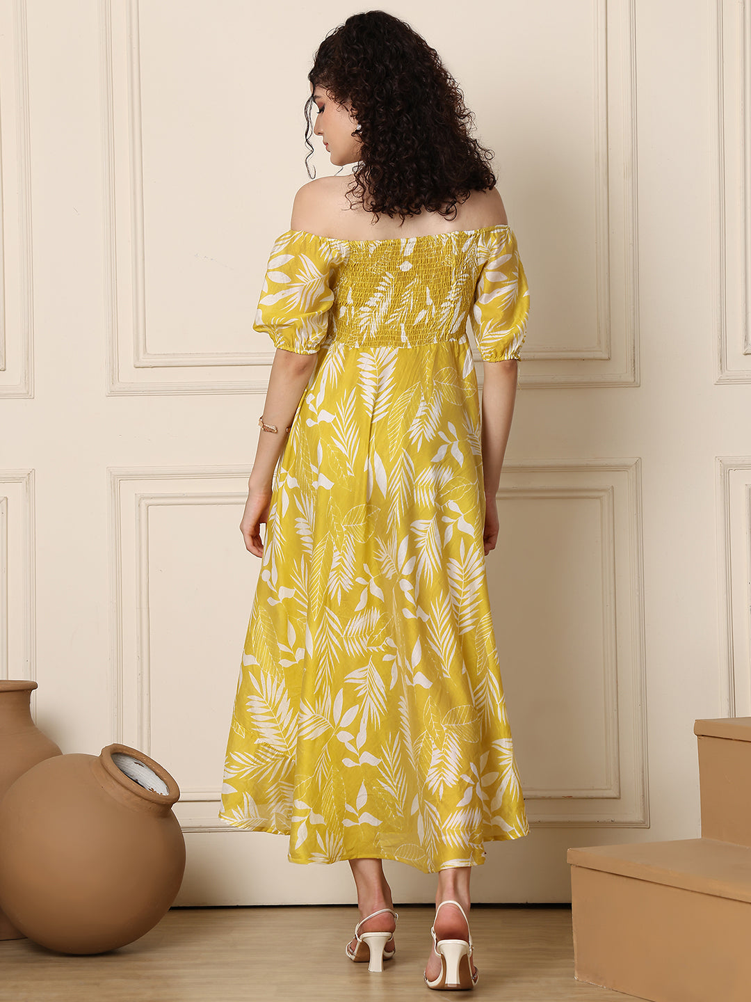 Aawari Unique Cotton Printed Off Shoulder Dress