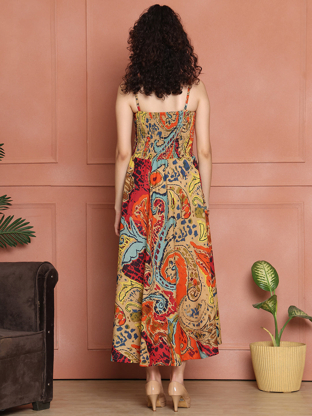 Aawari Cotton Unique Printed Spaghetti Strap Dress - Western wear