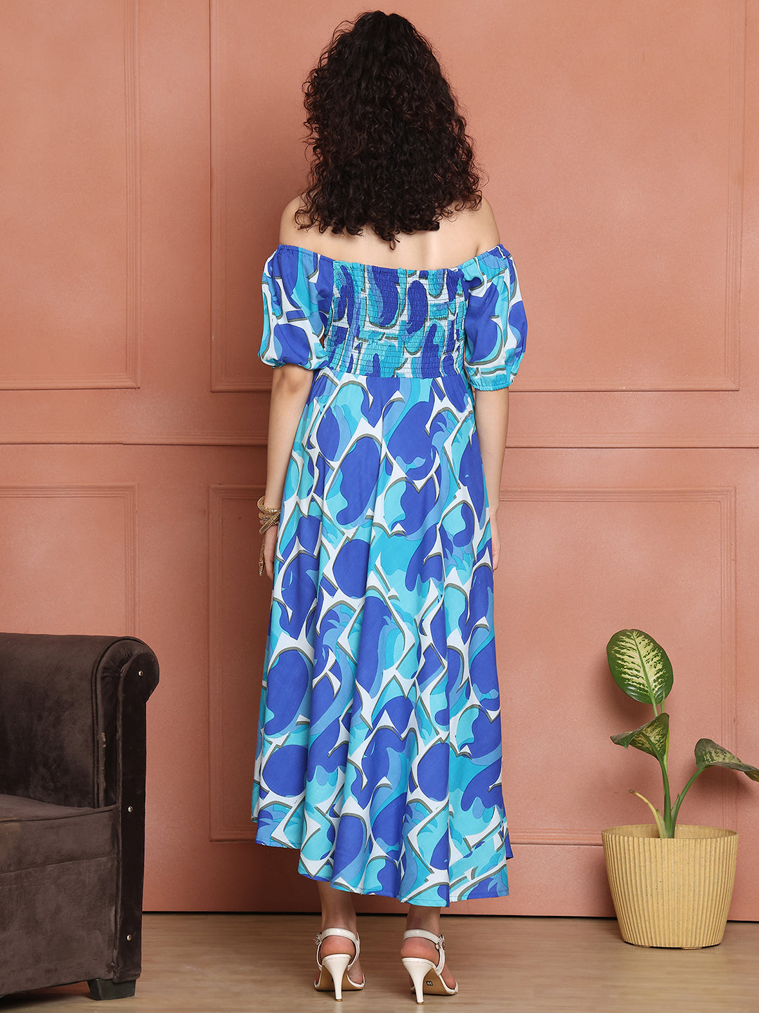 Aawari Ocean Blue Rayon Printed Off Shoulder Dresses