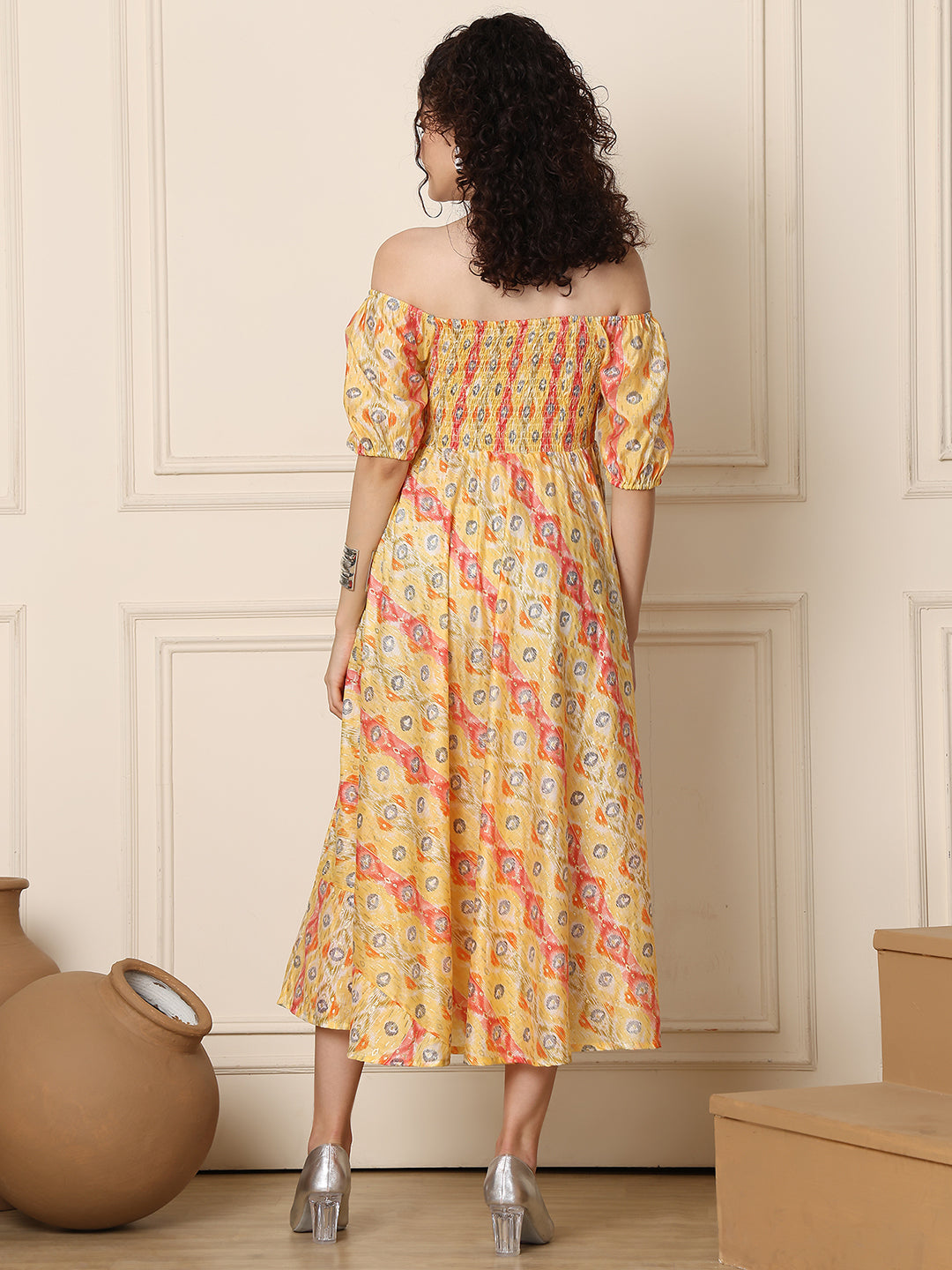Aawari Chanderi Unique Printed Off Shoulder Dress