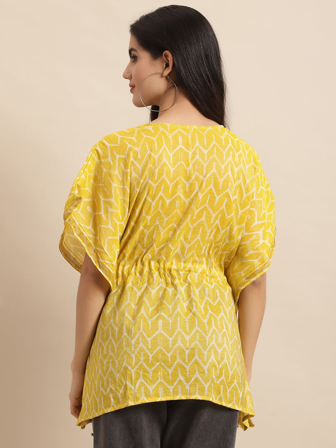 Chanderi Yellow Geometric Printed Kaftan Top With Bell Sleeve 