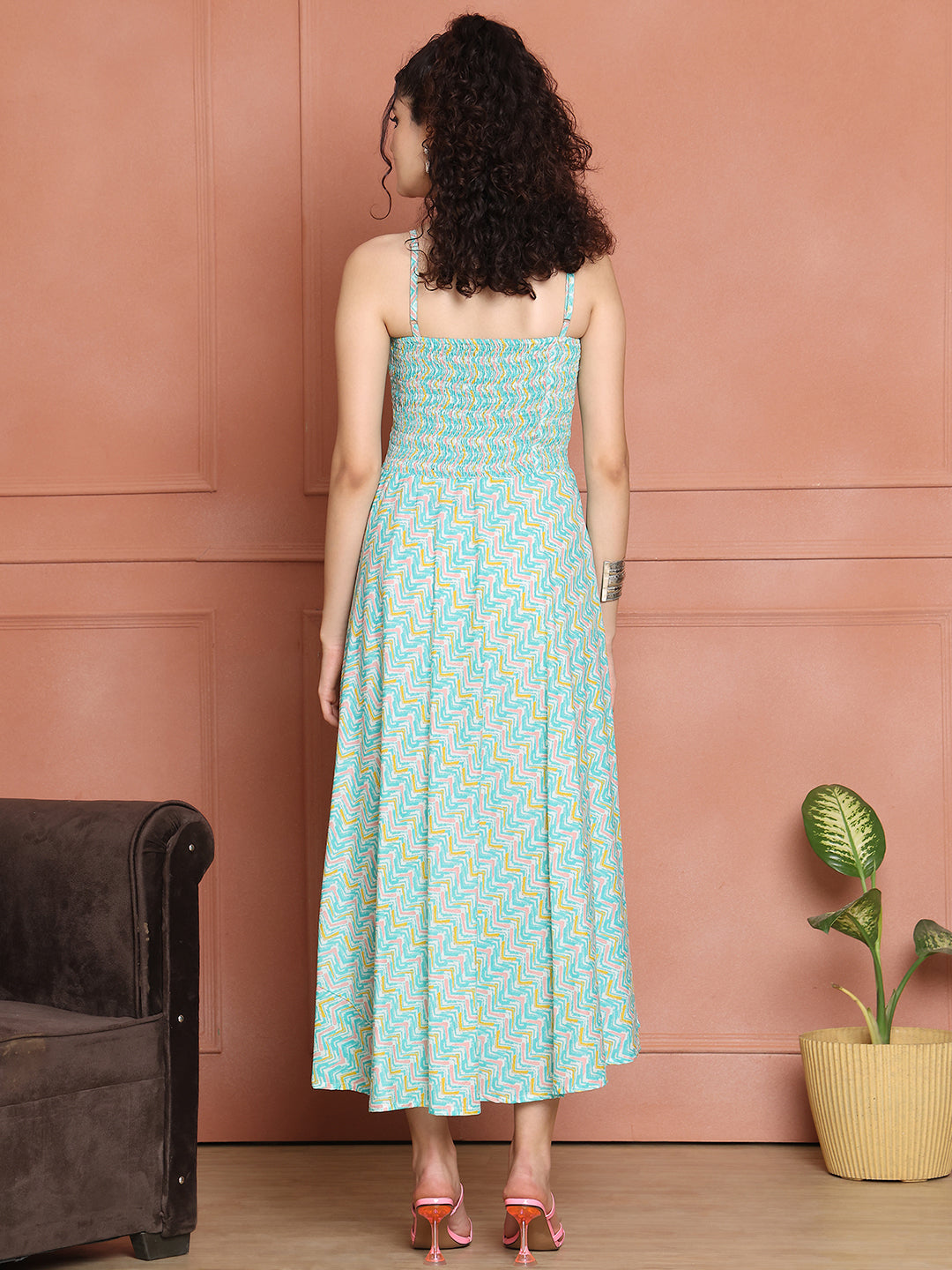 Aawari Cotton Unique Printed Spaghetti Strap Dress - Western wear