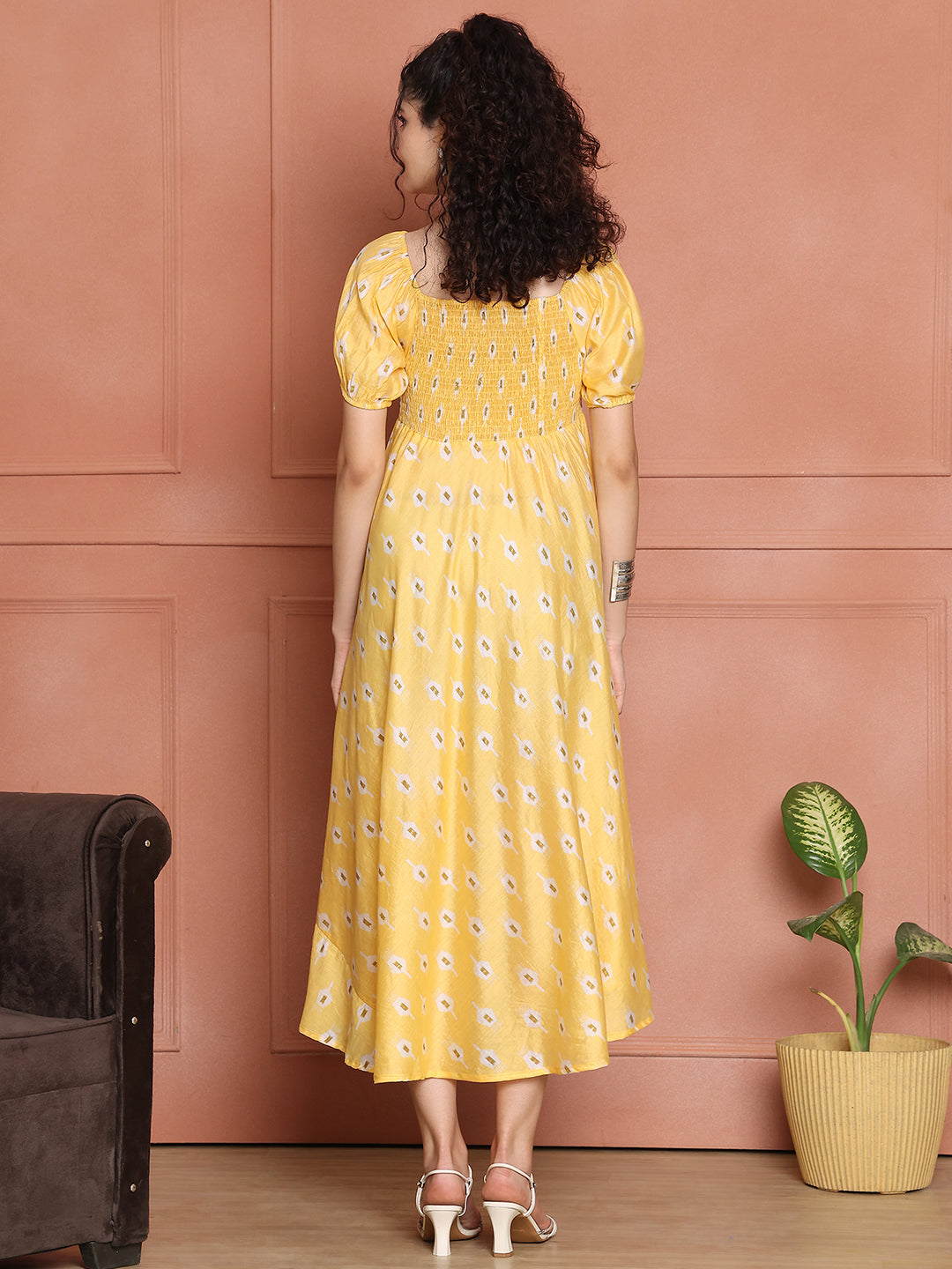 Aawari Chanderi Unique Printed Off Shoulder Dress