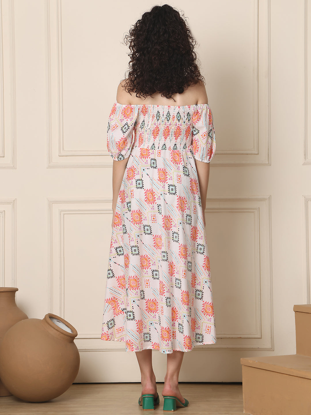 Aawari Unique Cotton Printed Off Shoulder Dress