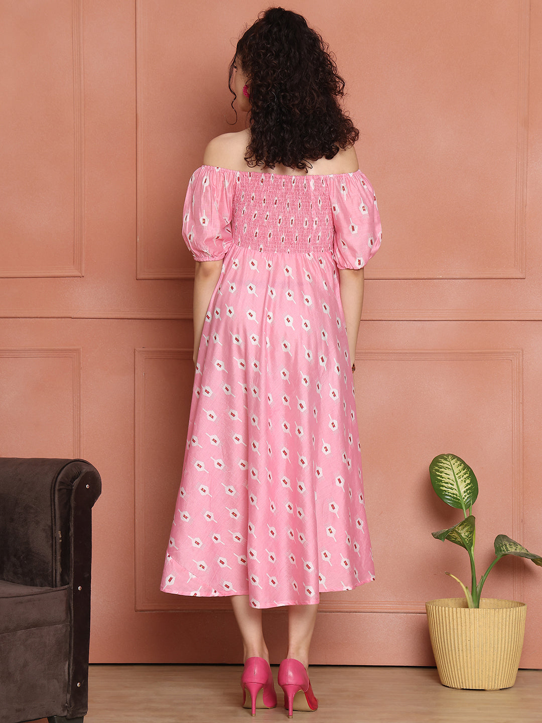 Aawari Chanderi Unique Printed Off Shoulder Dress