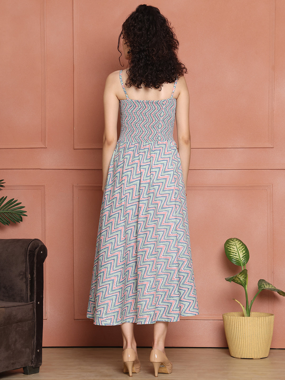 Aawari Cotton Unique Printed Spaghetti Strap Dress - Western Wear