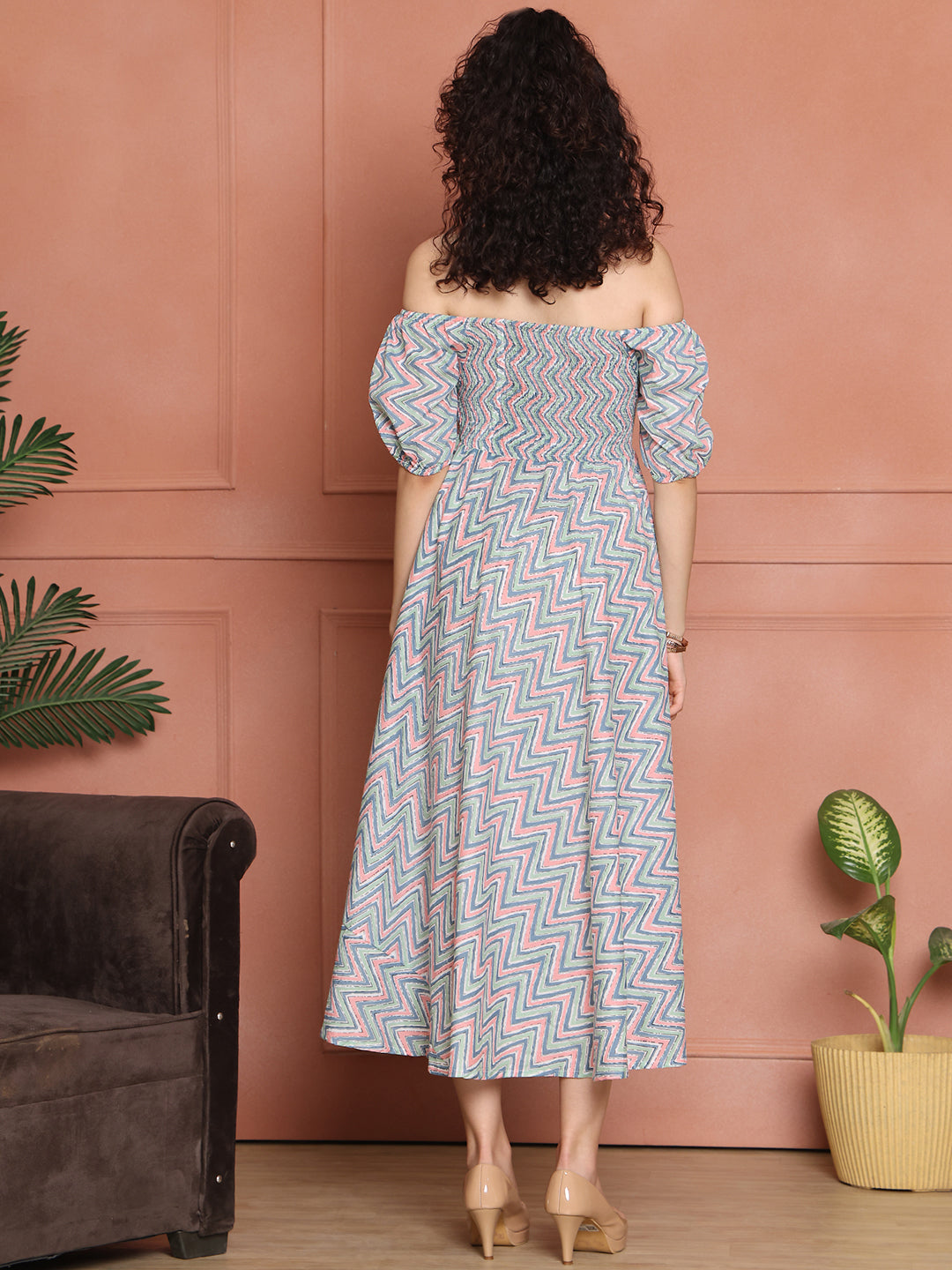 Aawari Unique Cotton Printed Off Shoulder Dress