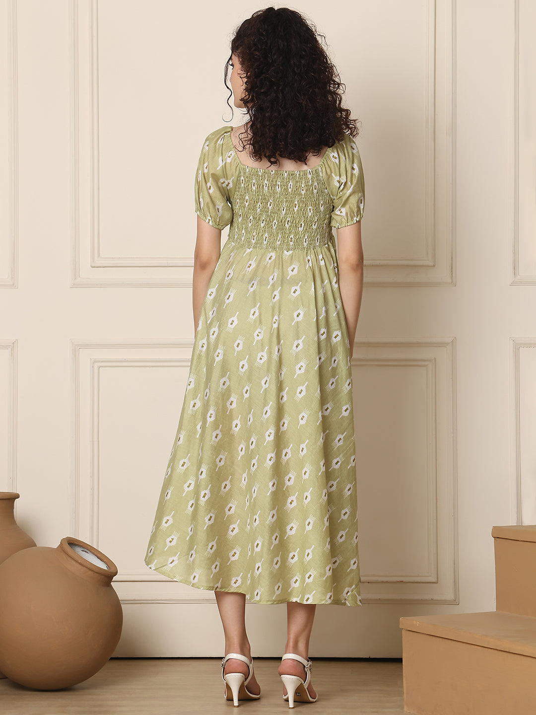 Aawari Chanderi Unique Printed Off Shoulder Dress