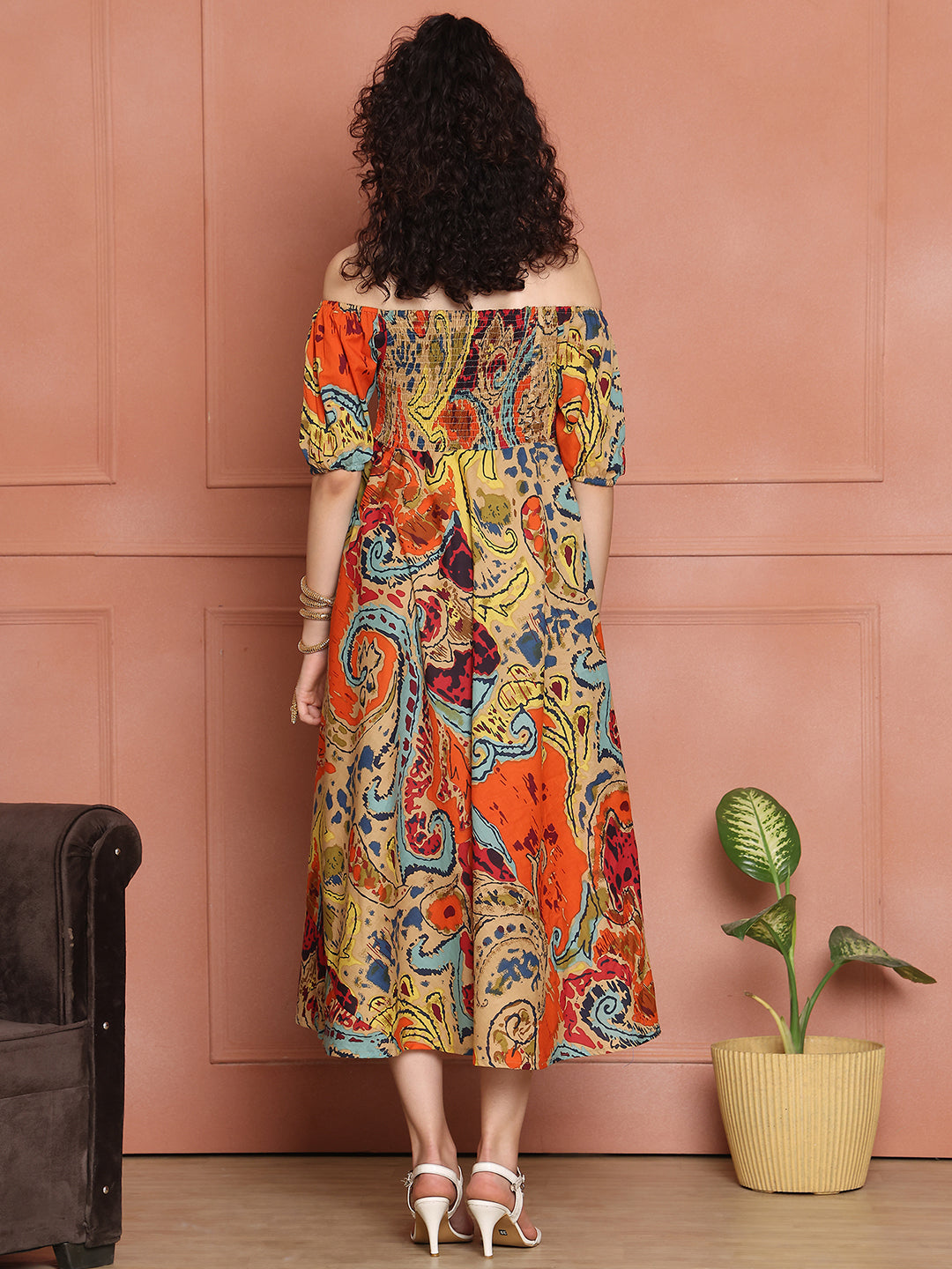 Aawari Unique Cotton Printed Off Shoulder Dress