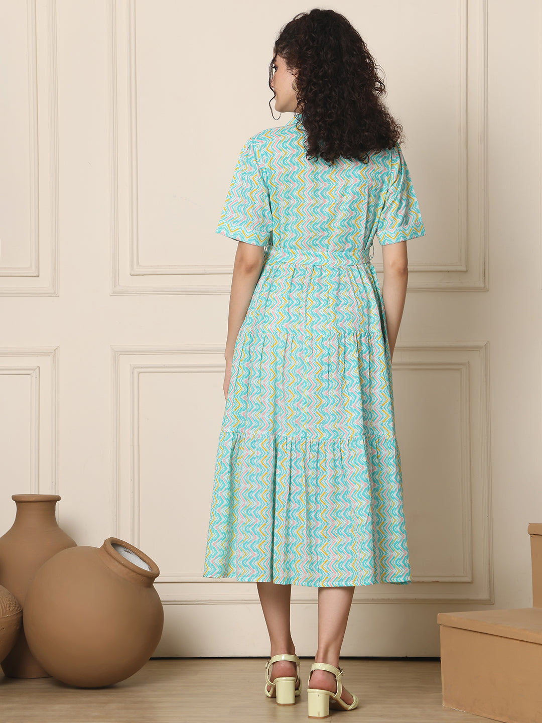 Aawari Aqua Blue ZigZag Print Shirt Dress With Waist Belt