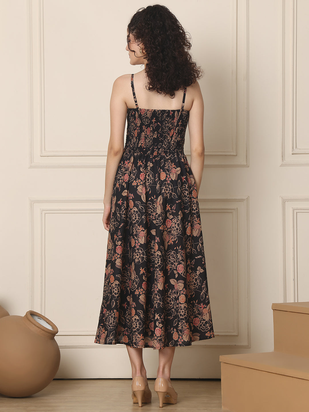 Aawari Cotton Unique Printed Spaghetti Strap Dress - Western Wear