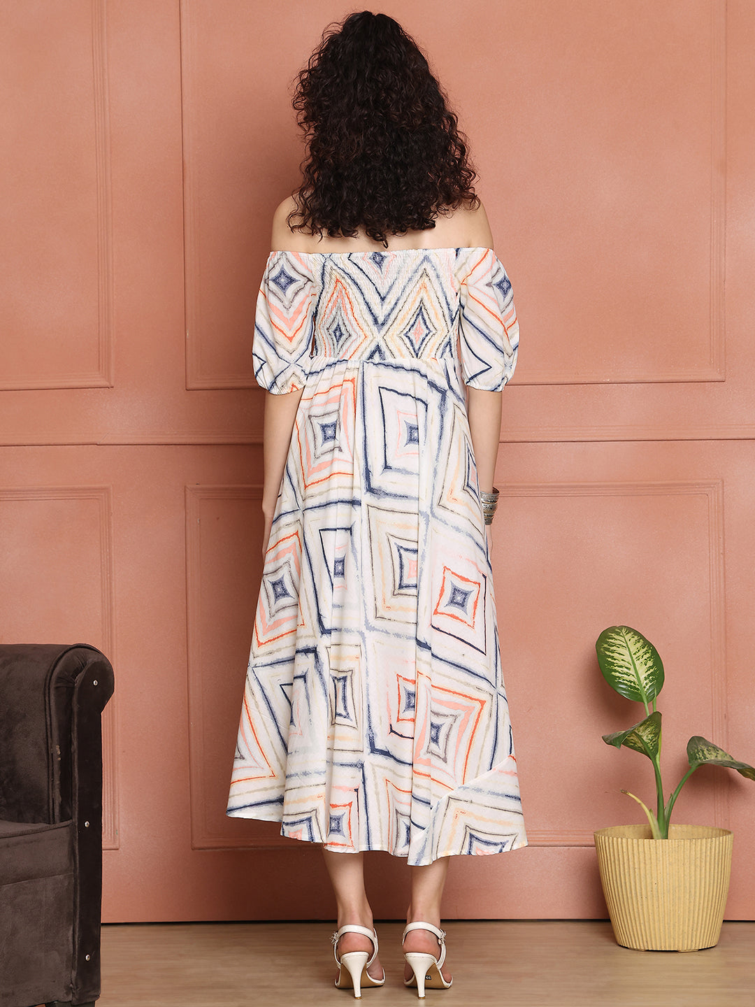 Aawari Unique Cotton Printed Off Shoulder Dress