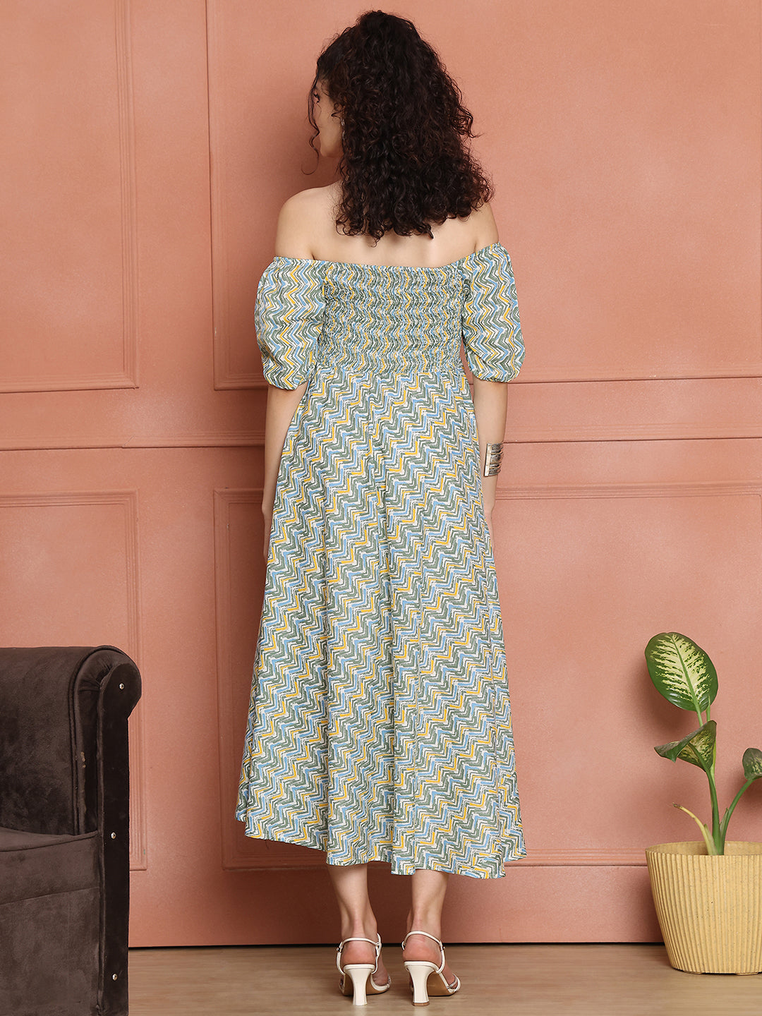 Aawari Unique Cotton Printed Off Shoulder Dress