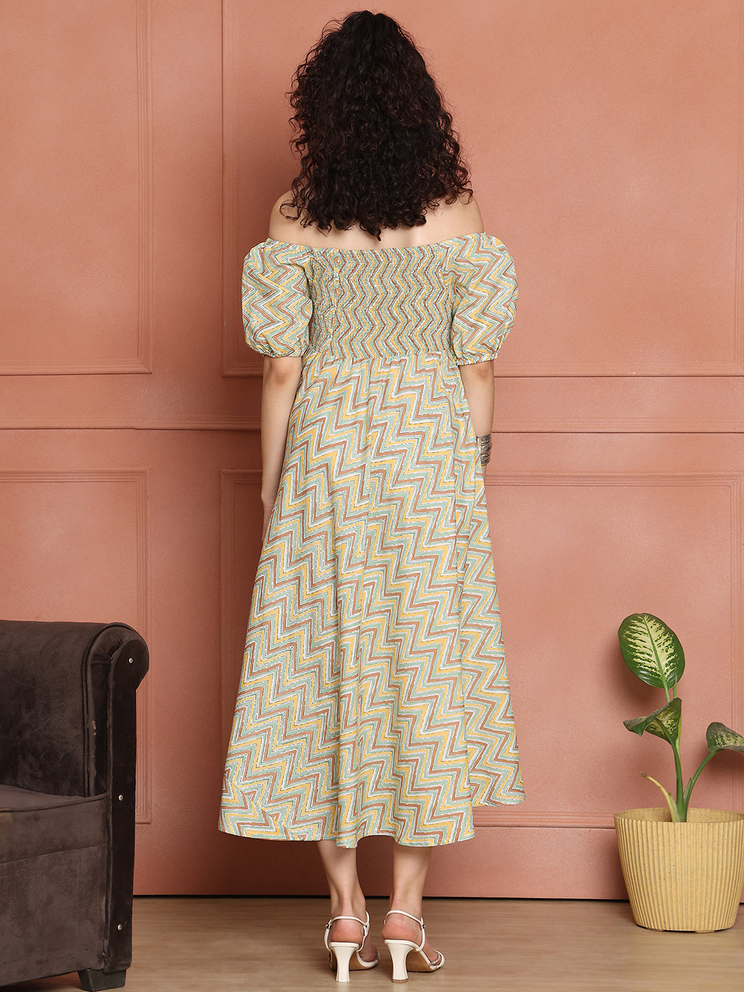 Aawari Unique Cotton Printed Off Shoulder Dress
