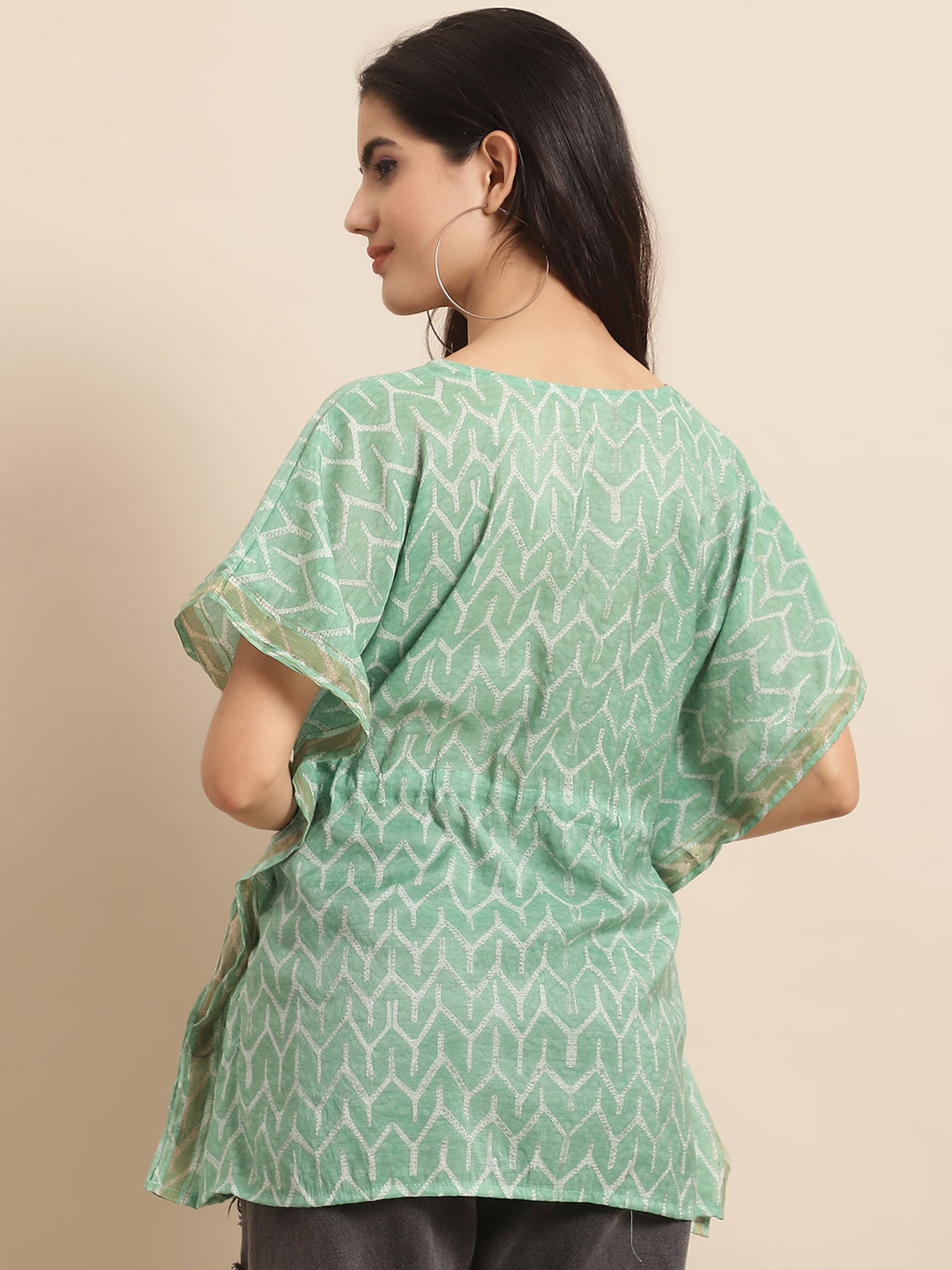 Chanderi Green Geometric Printed Kaftan Top With Bell Sleeve 