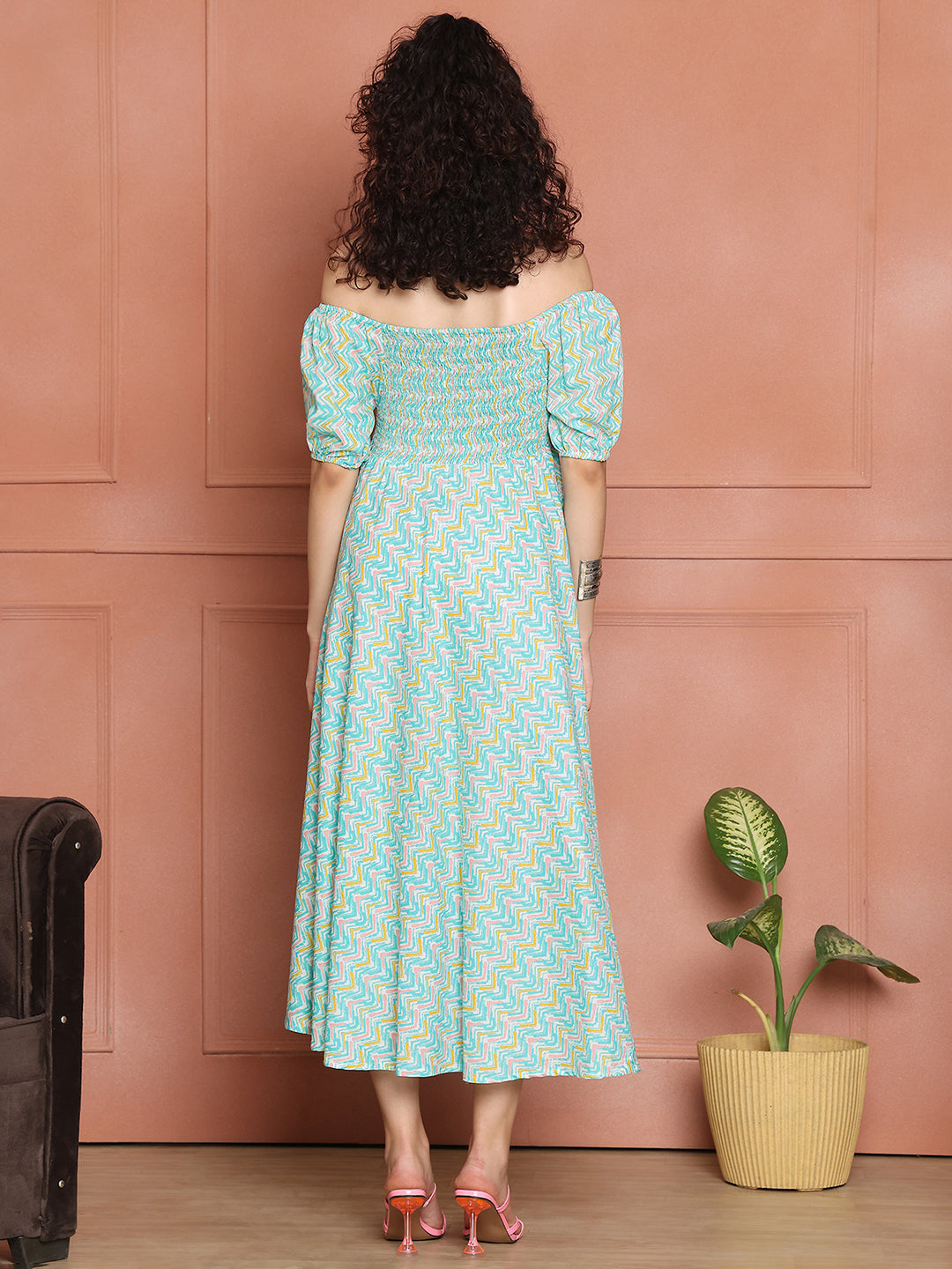 Aawari Unique Cotton Printed Off Shoulder Dress