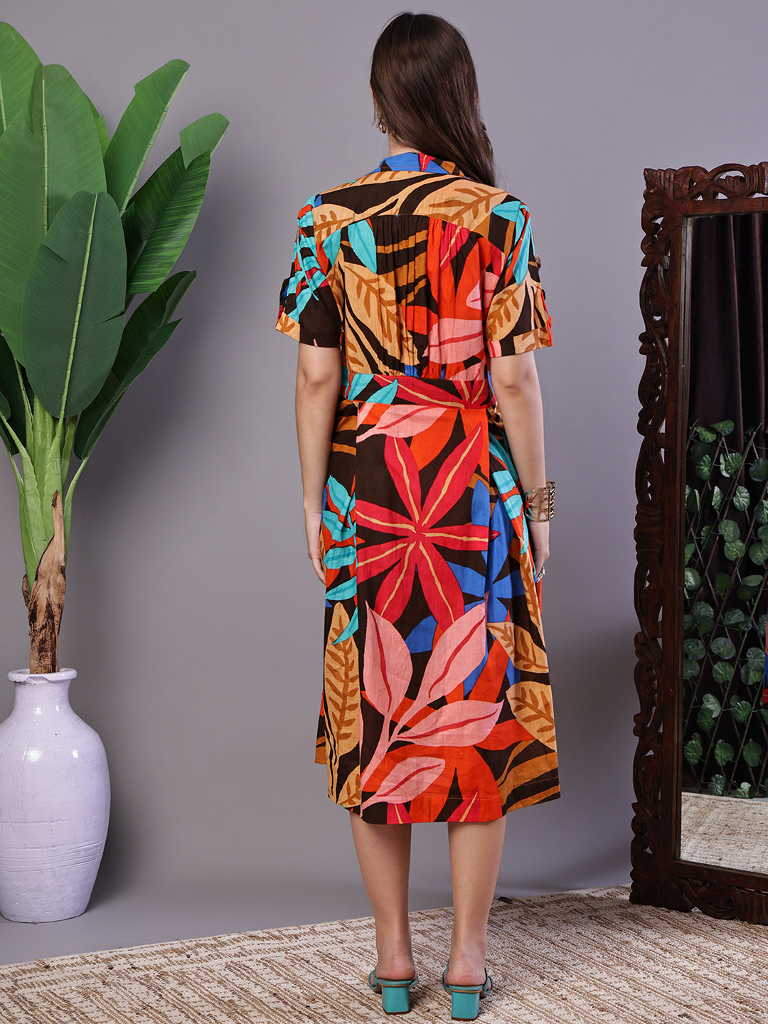 Aawari Leaf Print Button-Down Cotton Midi Dress - Midi Dresses / Western Wear / Dresses