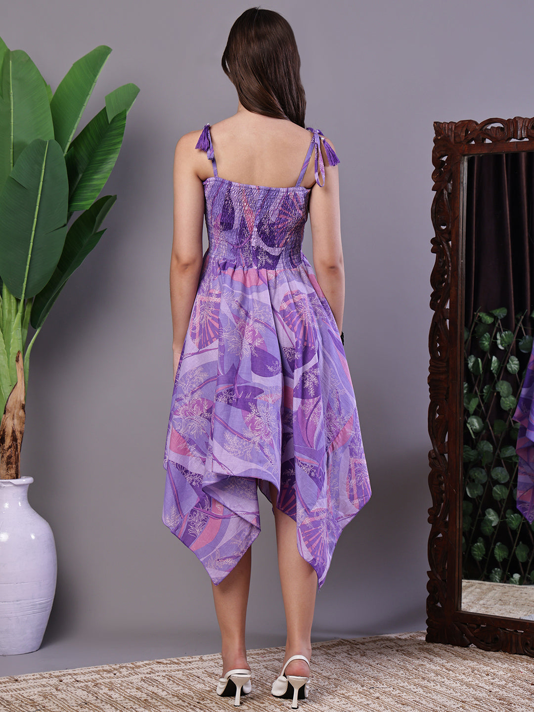 Aawari Purple Printed Cotton Handkerchief Hem Midi Dress - Midi Dresses / Western Wear