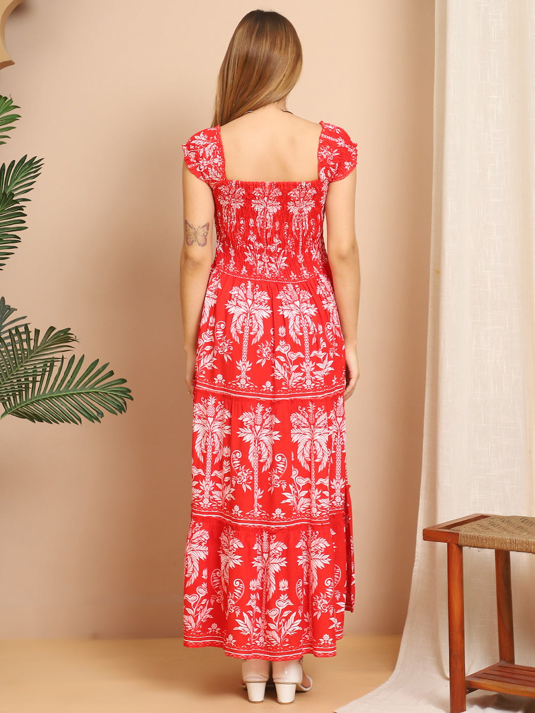 Aawari Tangerine Floral Block Print Rayon Maxi Dresses