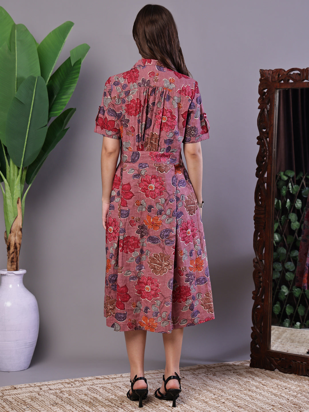 Aawari Pink Floral Cotton Pleated Midi Dress with Collar - Midi Dresses / Western Wear / Dresses