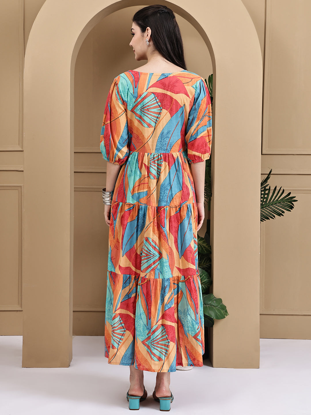 Aawari Women Cotton Printed Knot Dresses With Puff Sleeves