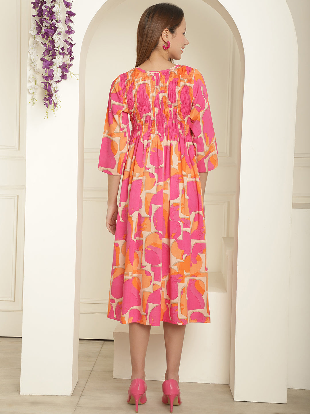 Aawari Abstract Printed Round Neck Smocked A-Line Midi Dress
