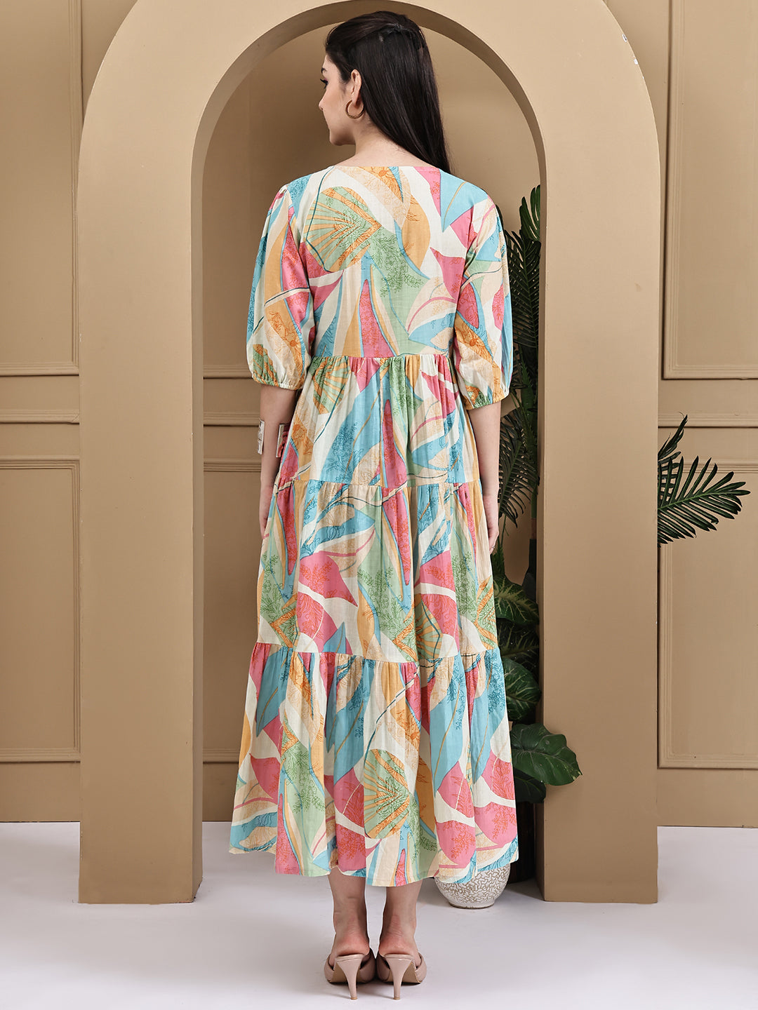 Aawari Multicolor Cotton Printed Knot Dresses With Puff Sleeves