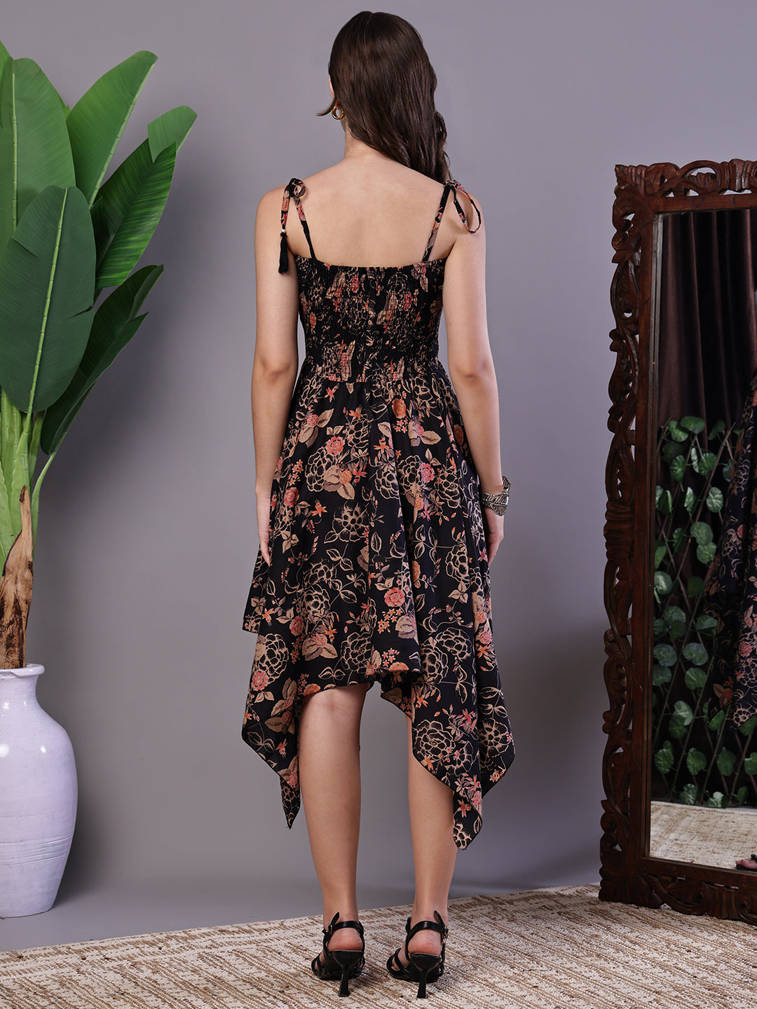 Aawari Junglee Black Floral Handkerchief Hem Cotton Dress - Midi Dresses / Western Wear