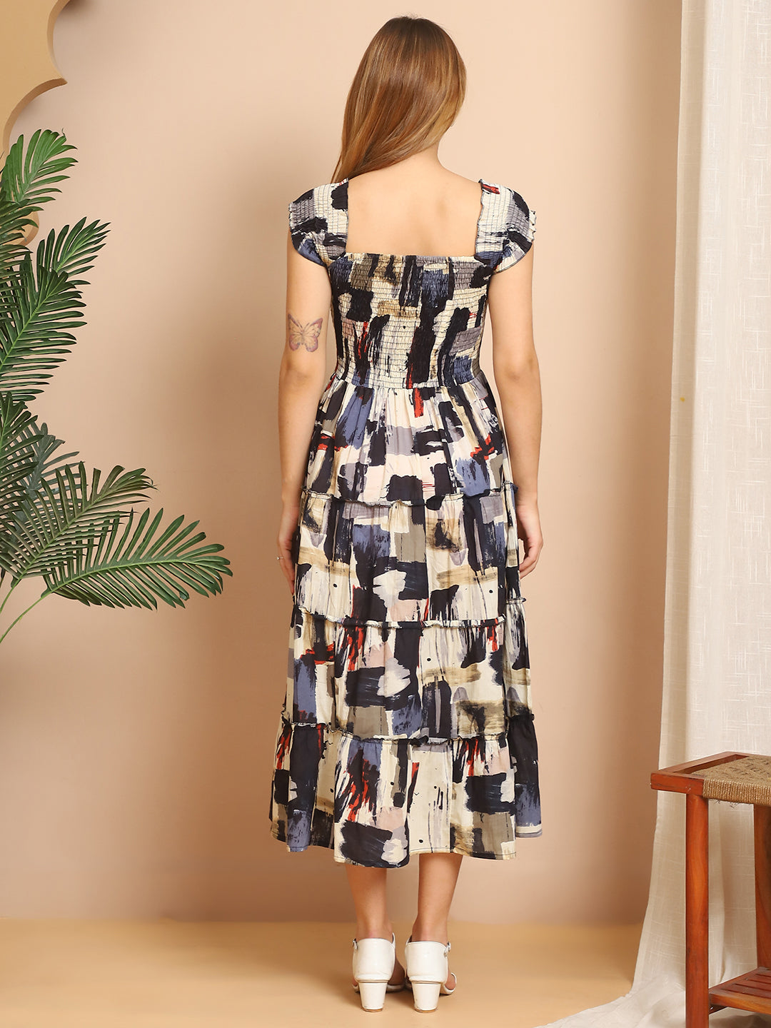 Aawari Artistic Abstract Print Cotton Midi Dress For Women