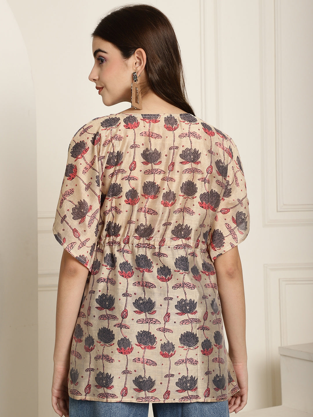 Chanderi Brown Flower Printed Kaftan Top With Bell Sleeve 