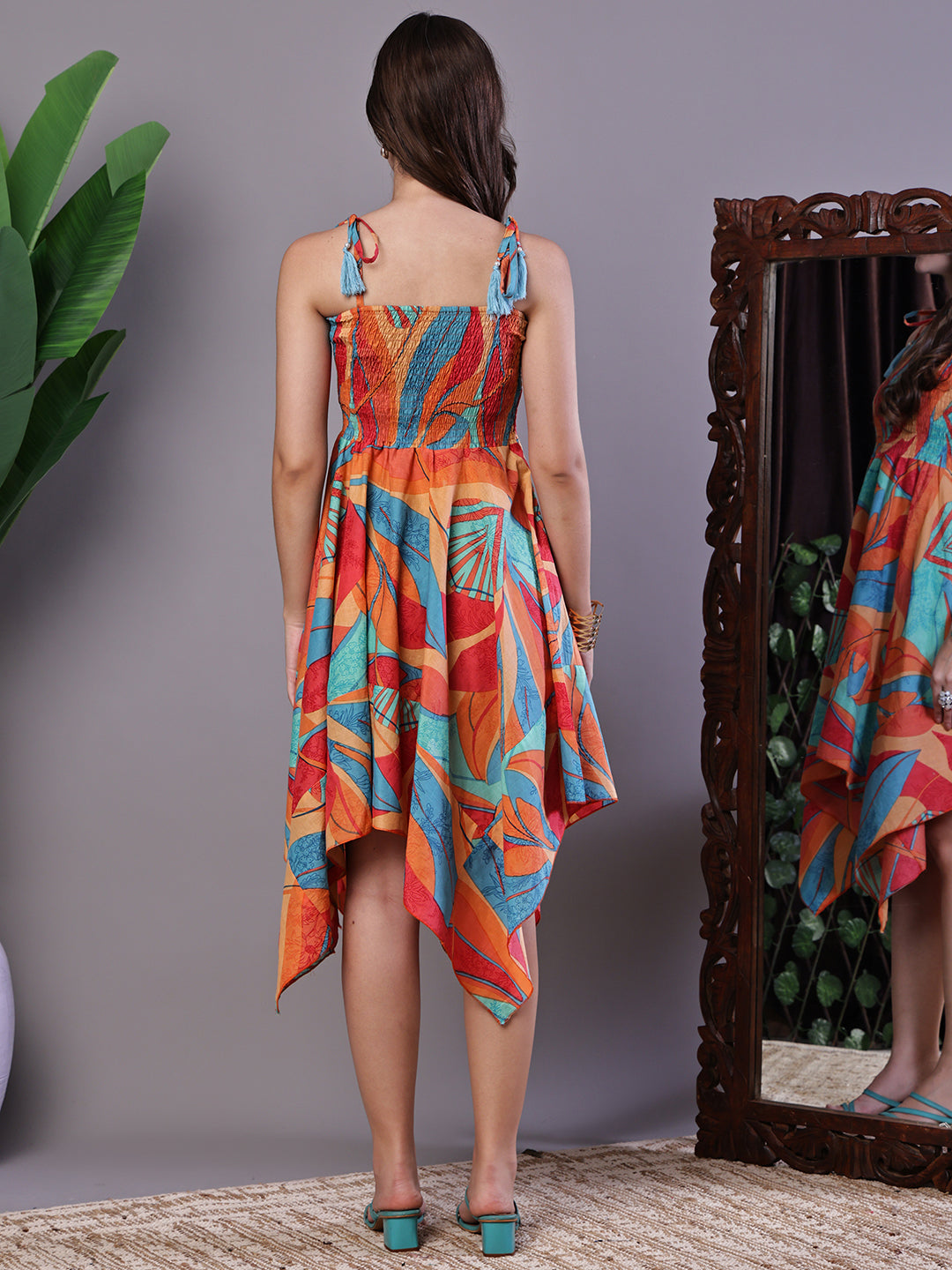Aawari Multicolor Printed Cotton Handkerchief Hem Dress - Midi Dresses / Western Wear