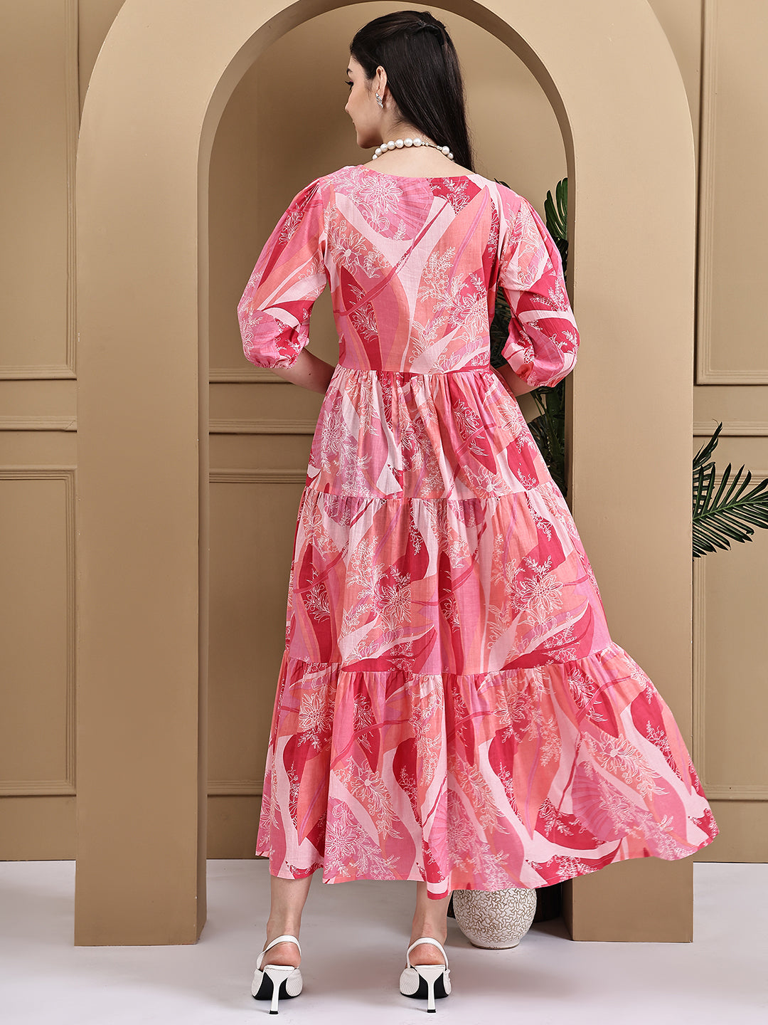 Aawari Women Cotton Printed Knot Dresses With Puff Sleeves